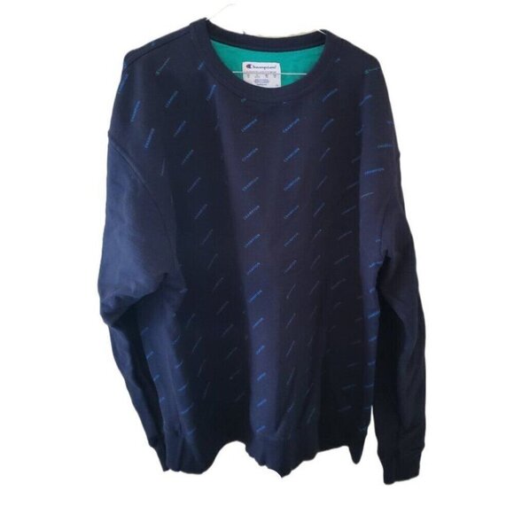 Champion Powerblend All Over Print Crew Navy Blue Men's Long Sleeve Sweatshirt - Picture 1 of 3